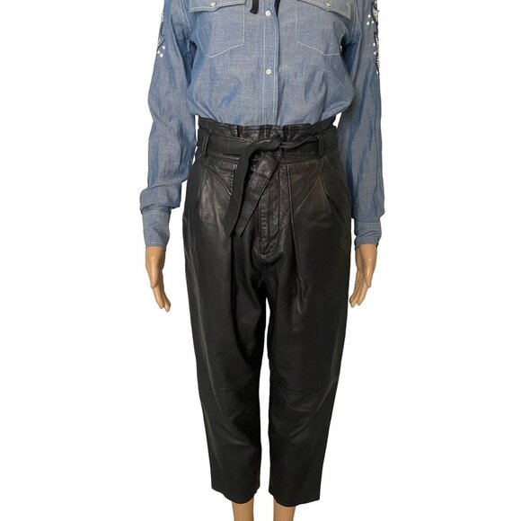 Free People 100% Leather Paperbag Cropped Leather Pants Black Size 0 - Picture 1 of 7